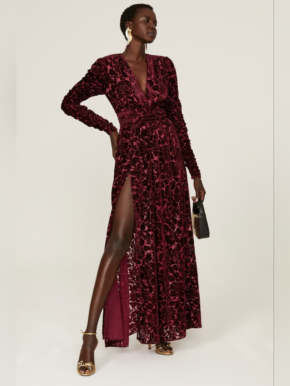 Velvet V-Neck Maxi Dress in Burgundy Bronx Banco Size 8 - Picture 4 of 11